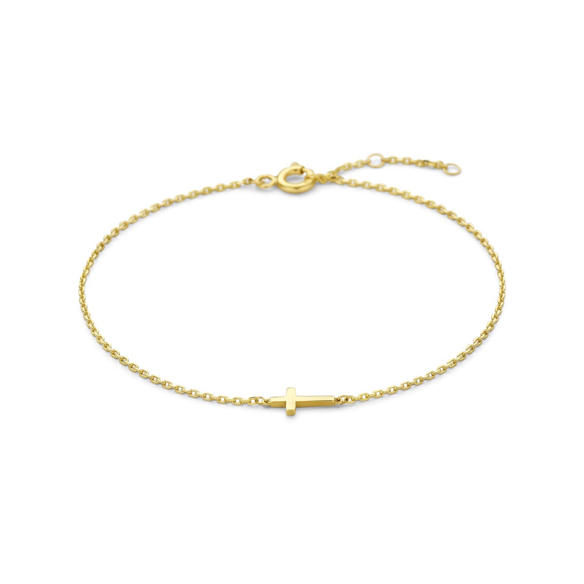 Geelgouden armband met een eenvoudige kruisvormige hanger en een fijne schakelketting.