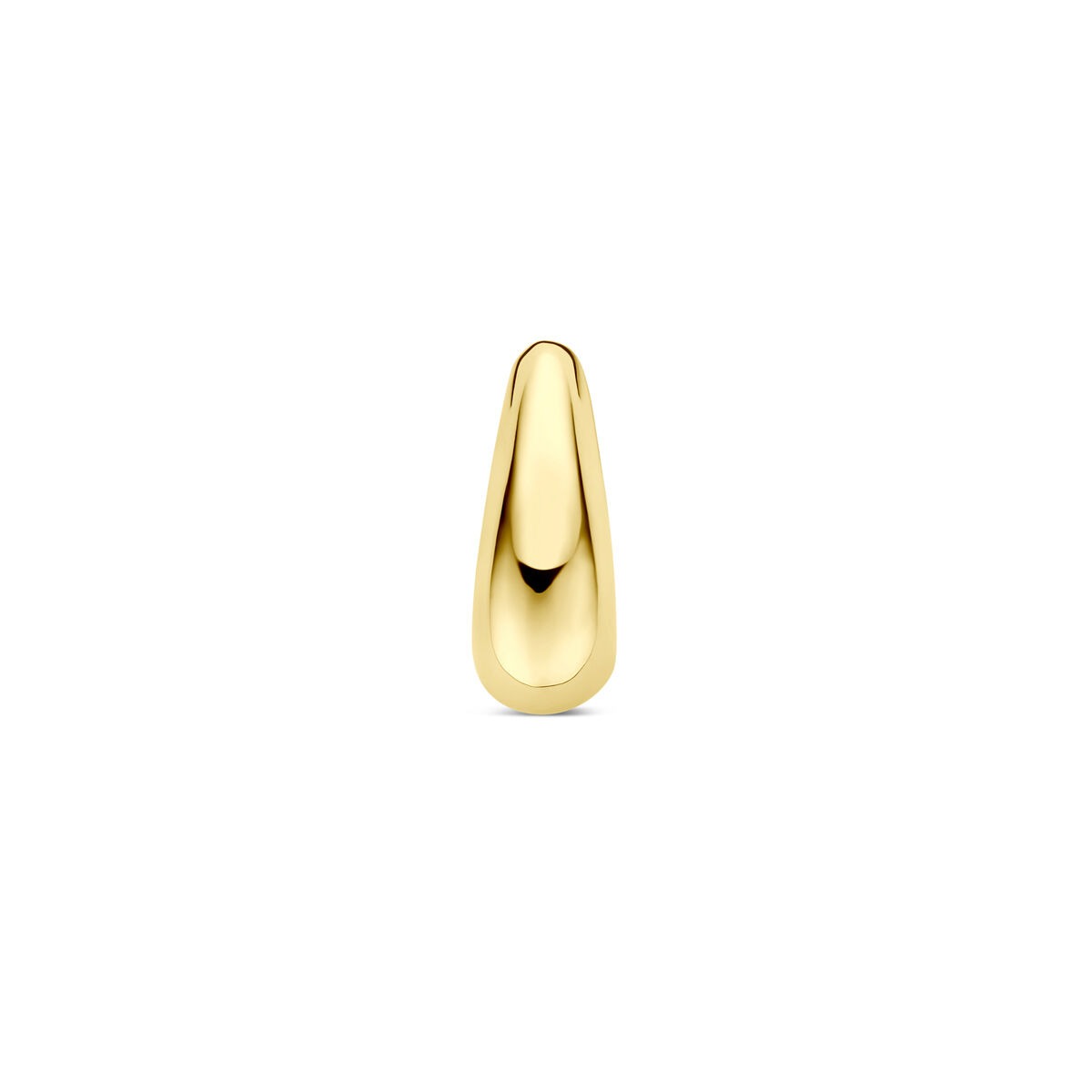 Geelgouden hanger in druppelvorm, 13 x 5 mm, met een glanzende afwerking.