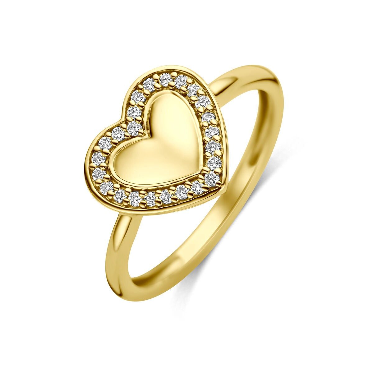 Geelgouden hartring in hartvorm met lab grown diamantjes rondom.