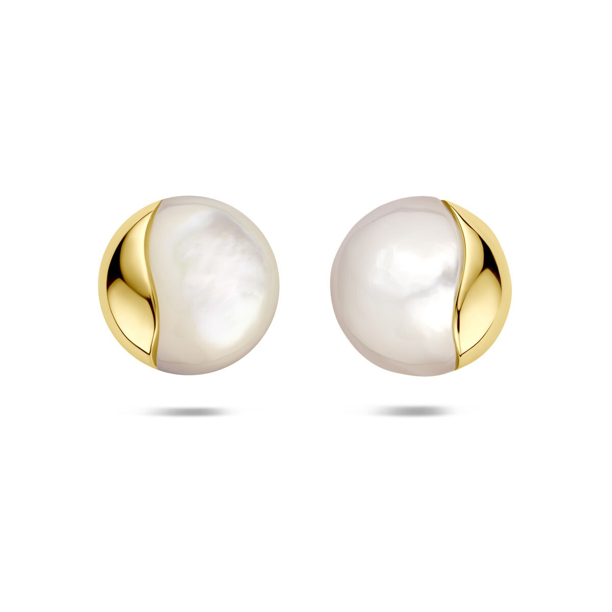 Geelgouden oorknoppen met parelmoer, 14 mm, met een ronde vorm en een glanzende afwerking.