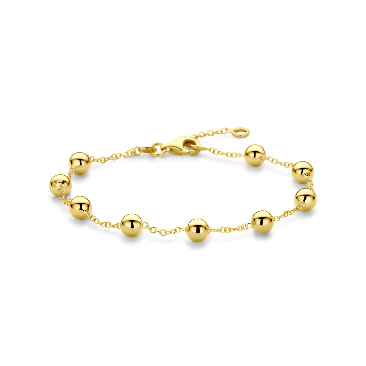 Geelgouden bolletjes armband met glanzende bollen en een sluiting.