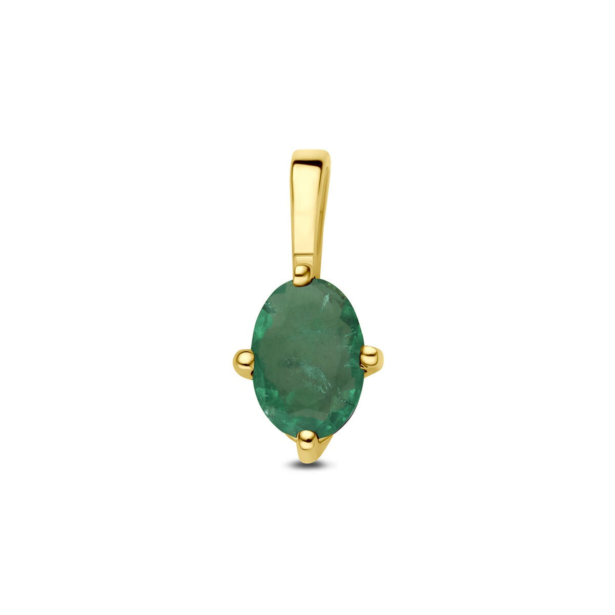 Geelgouden hanger met een ovale smaragd, stevig gezet met vier pootjes.
