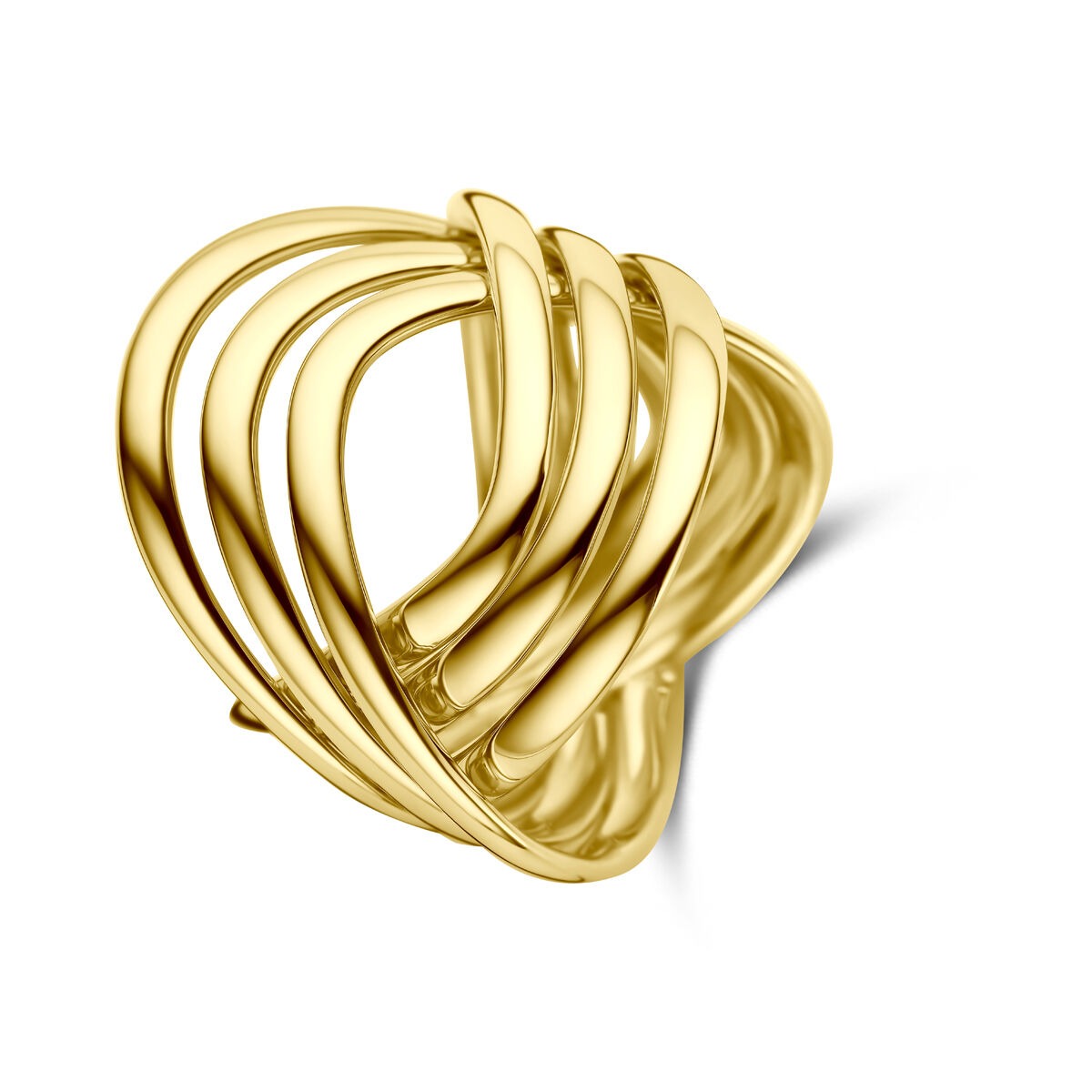 Geelgouden damesring met een speelse, golvende vorm en meerdere overlappende banden.