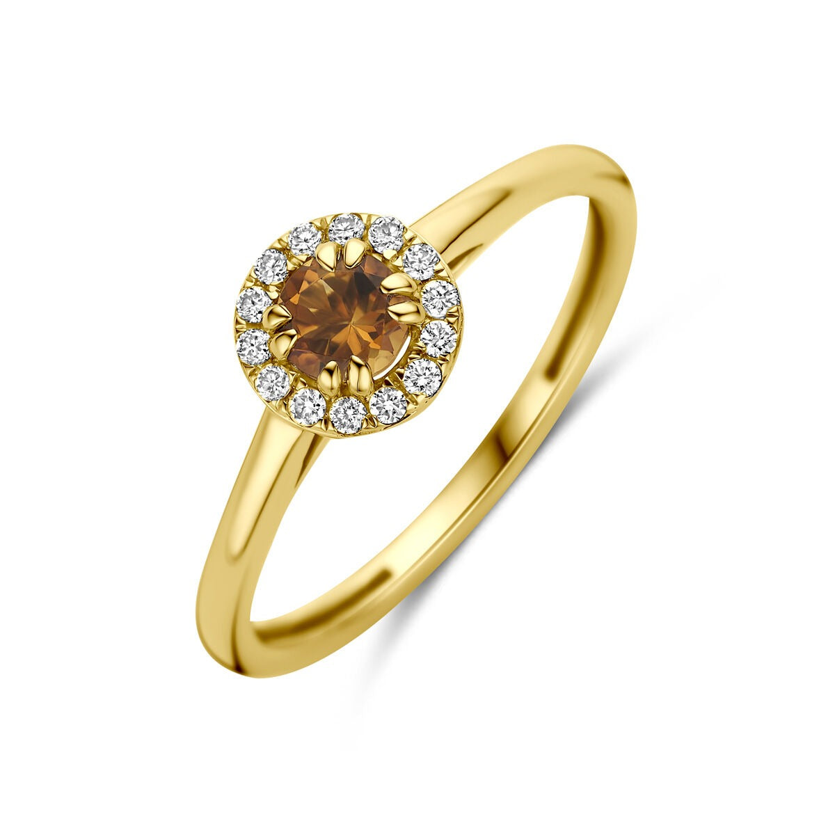 Geelgouden ring met een ronde citrien in het midden, omringd door lab grown diamanten.