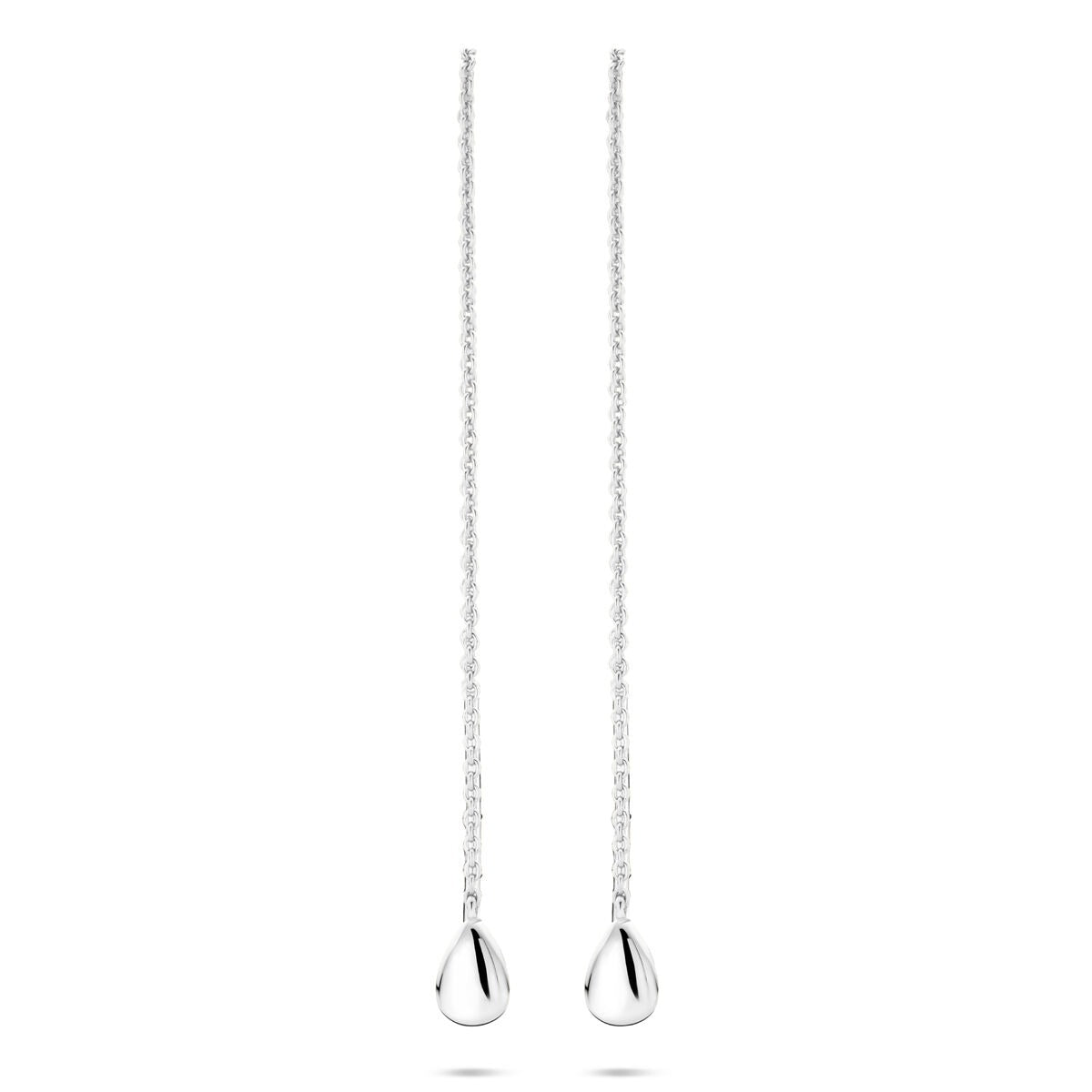 Zilveren doortrekoorbellen van gerhodineerd 925 zilver met druppelvormige hangers, 115 mm lang.