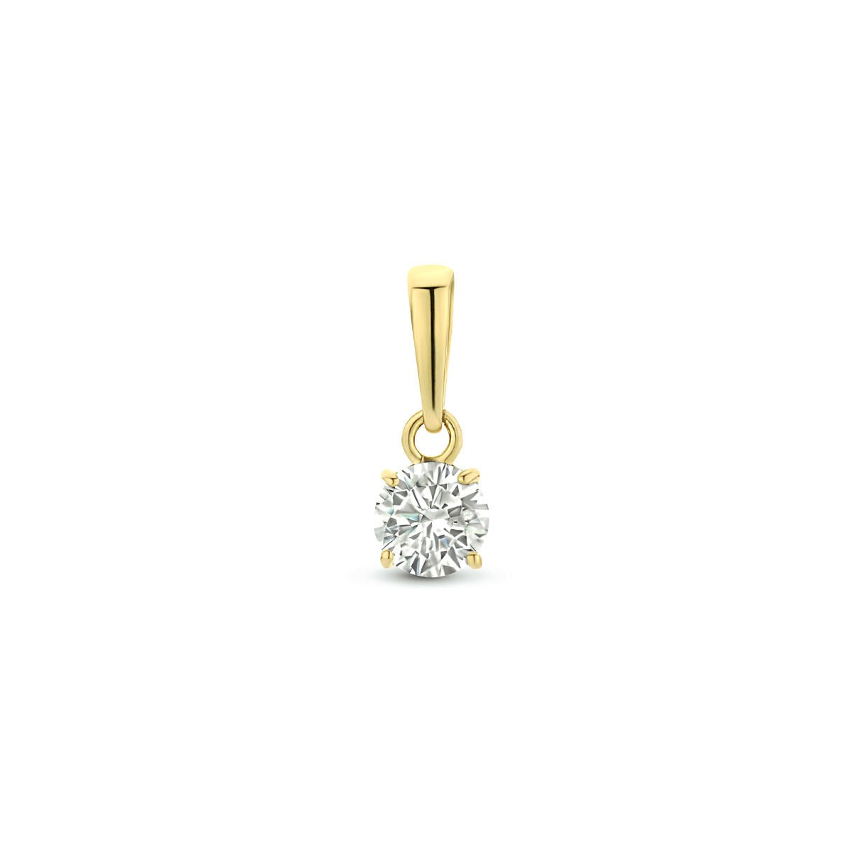 Geelgouden hanger met een ronde zirkonia, eenvoudig ontwerp met een glanzende afwerking.