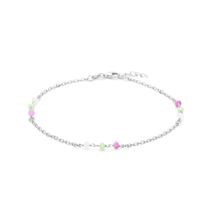Zilveren enkelbandje met kristal in wit, groen en roze