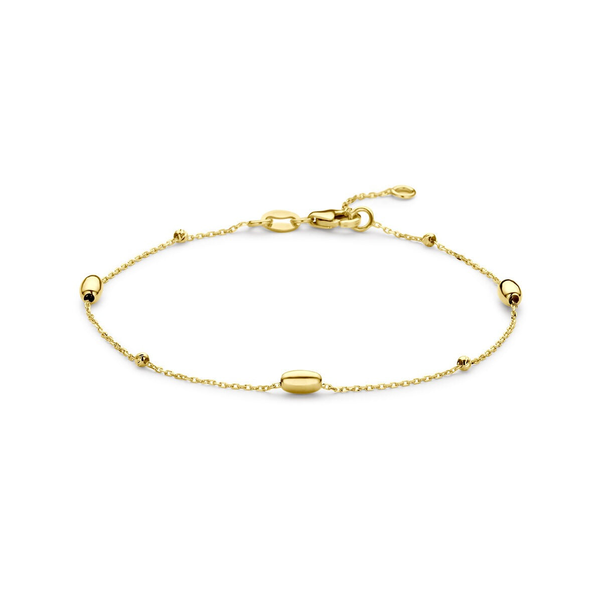 Geelgouden armband met bolletjes en staafjes, fijn en delicaat ontwerp.