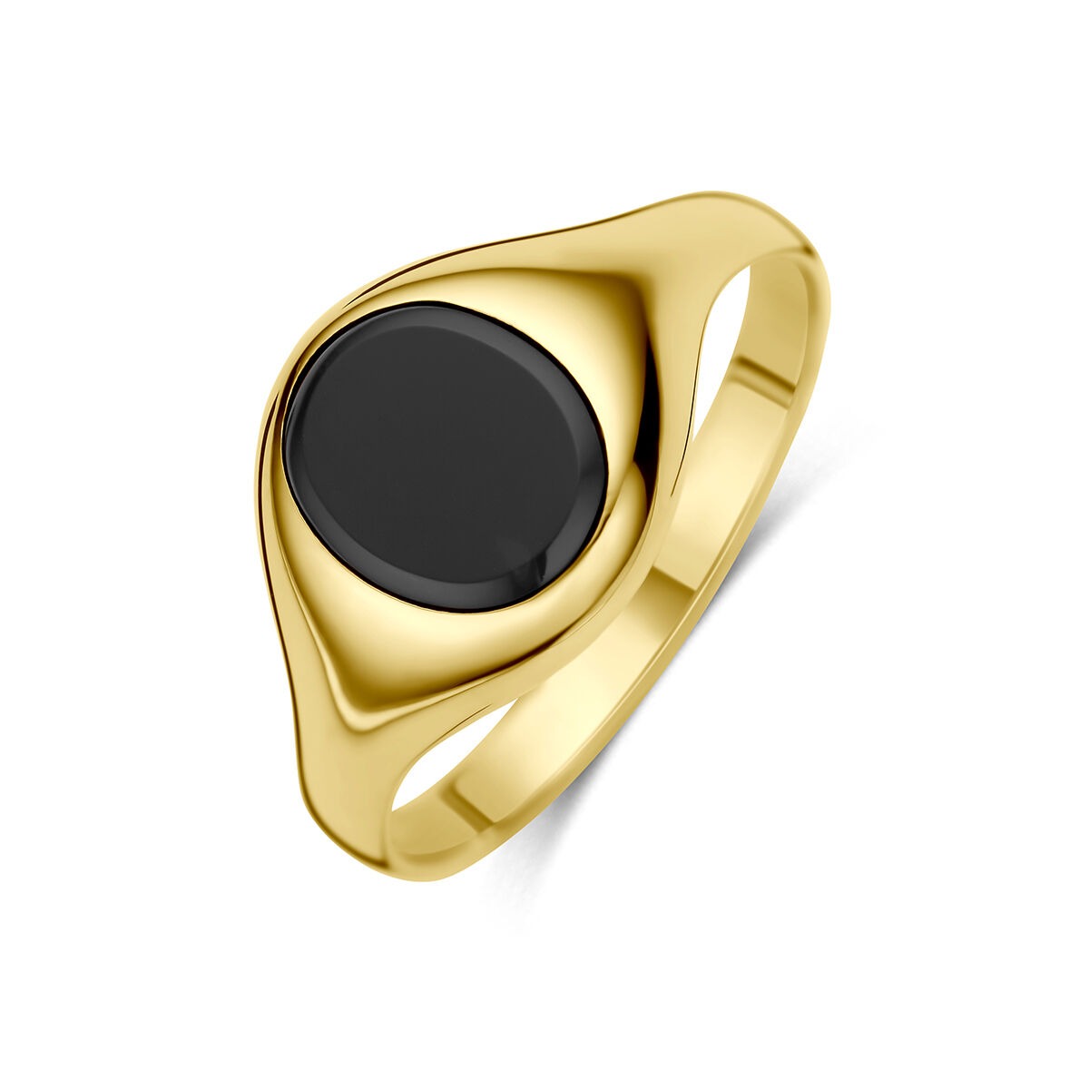 Geelgouden ring met een ronde, zwarte onyx in een vloeiende, organische vorm.