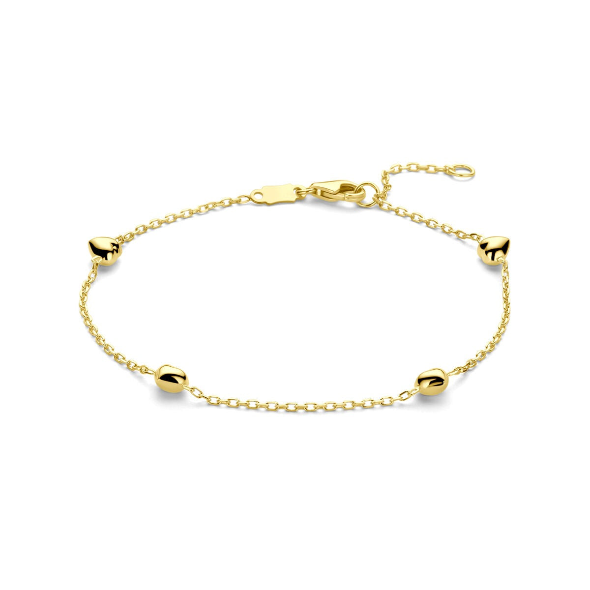 Armband van 14K geelgoud met hartjes, verstelbaar van 16 tot 18 cm.