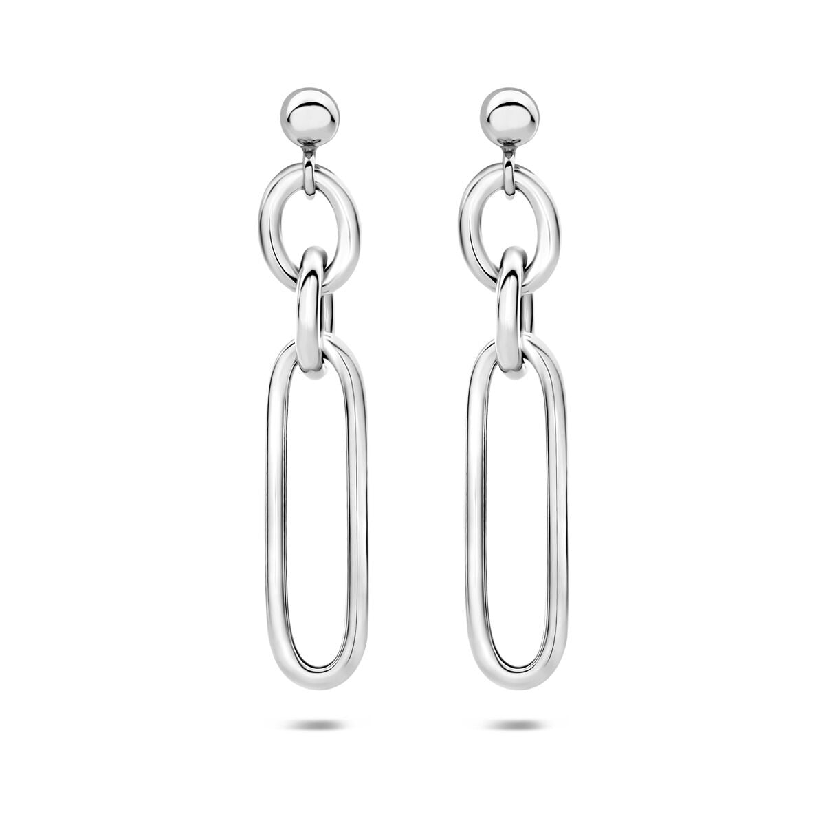 Gerhodineerde zilveren oorhangers met een moderne, langwerpige schakelvorm.