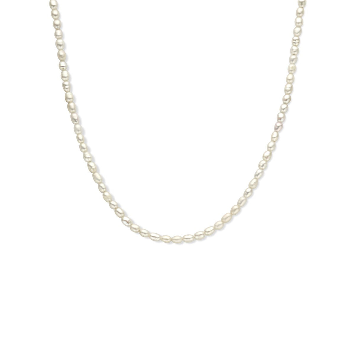Zilveren gerhodineerd collier met een rij zoetwaterparels in een verfijnde schakelstructuur.
