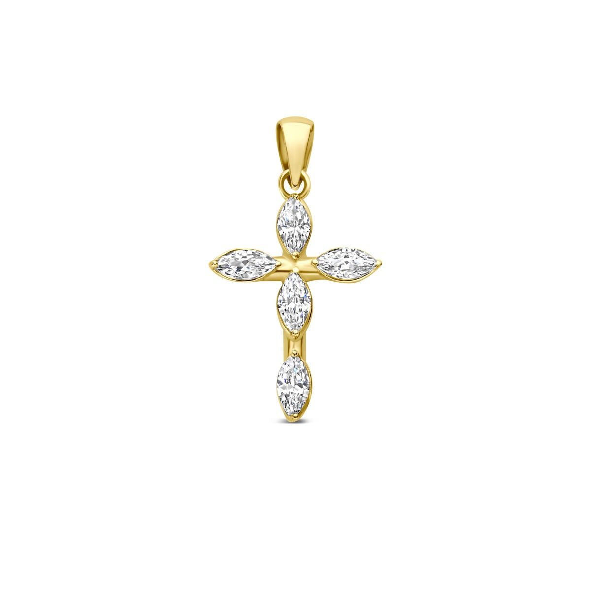 Geelgouden kruis hanger met zes zirkonia stenen in een marquise vorm.
