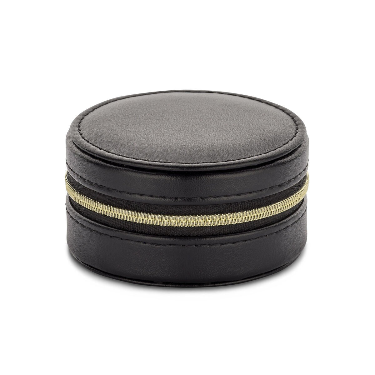 Zwarte sieradenbox met gouden rits, rond van vorm en van kunstleer.