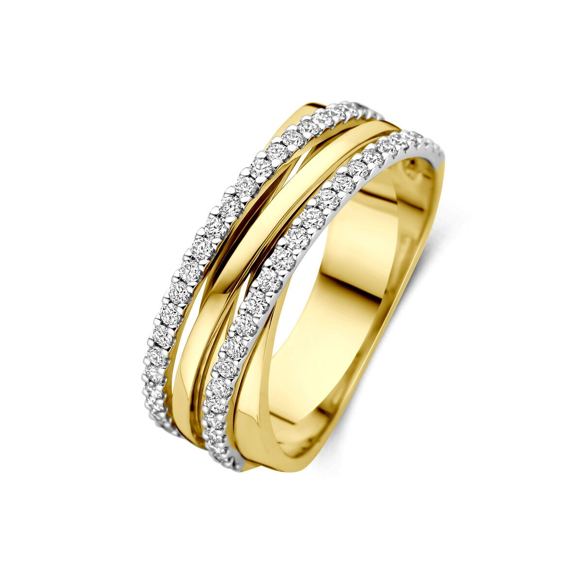 Bicolor 14k gouden ring met twee rijen diamanten in rijzetting en een glanzende afwerking.