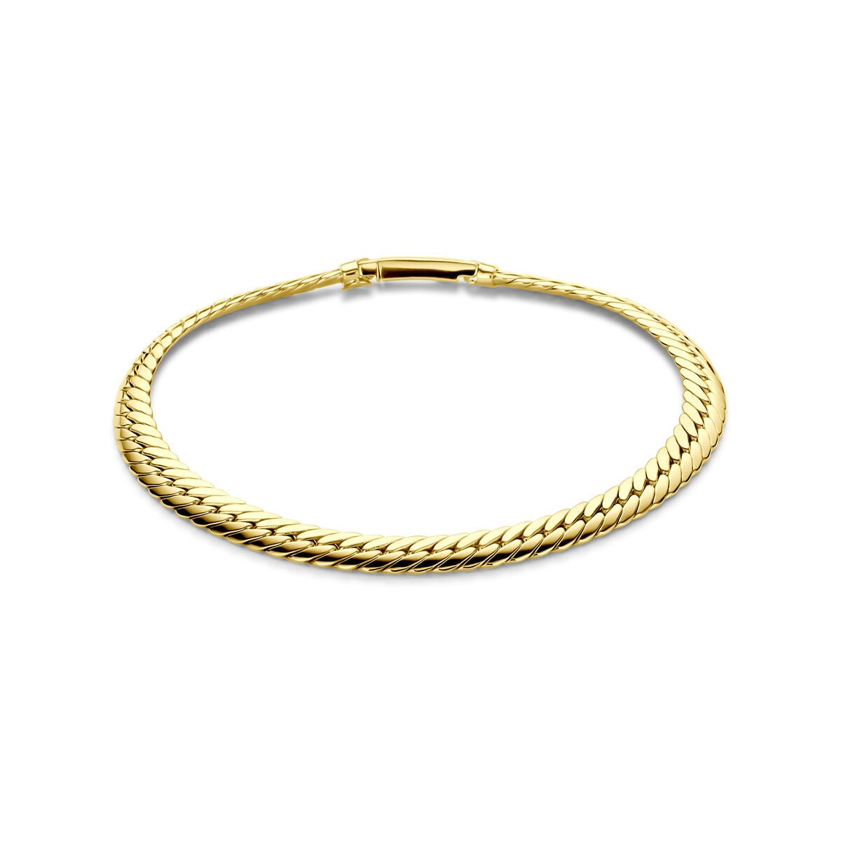 Gouden dames armband van 14k met gourmet schakels en een glanzende afwerking.