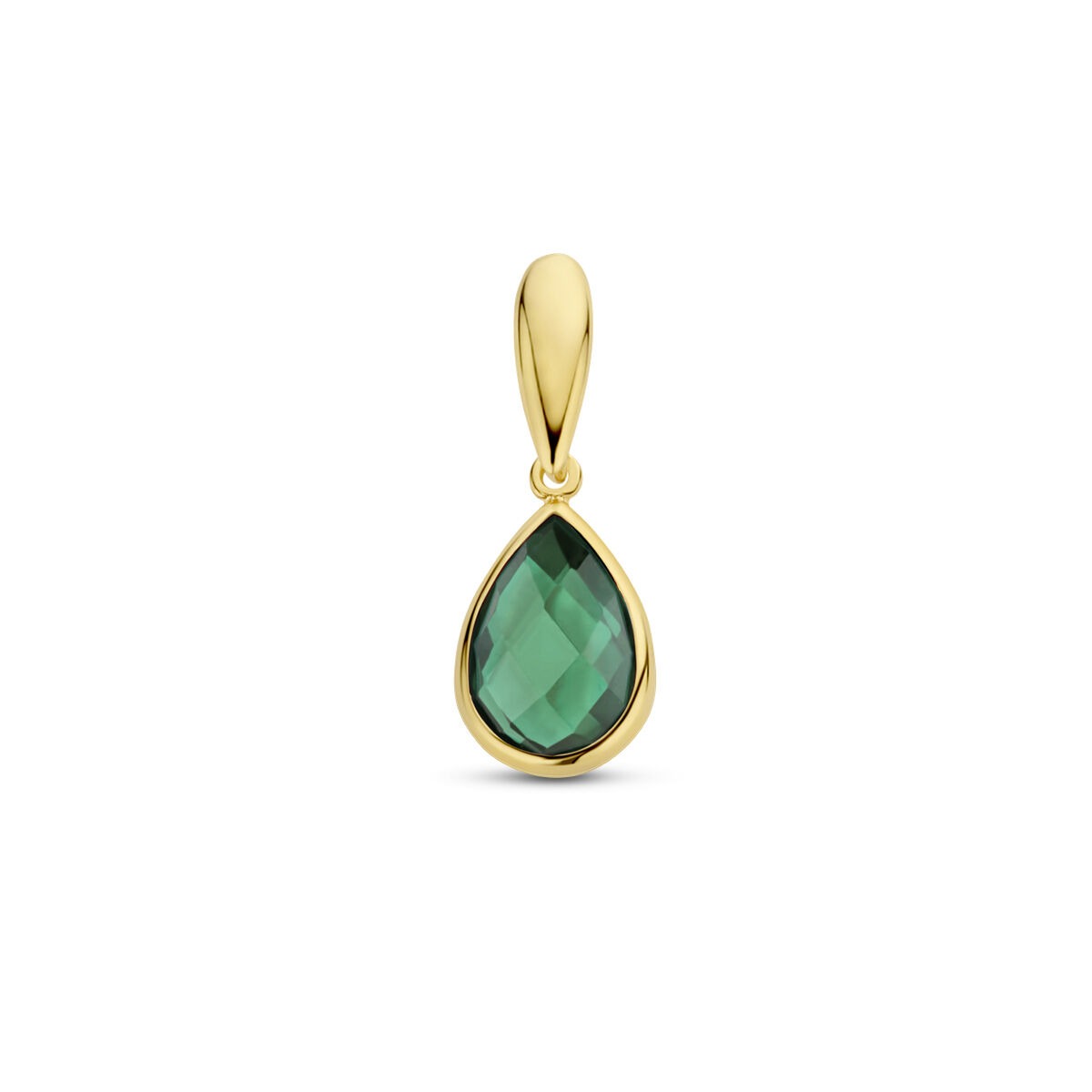 Geelgouden hanger in druppelvorm met een groene agaat steen en facetten.