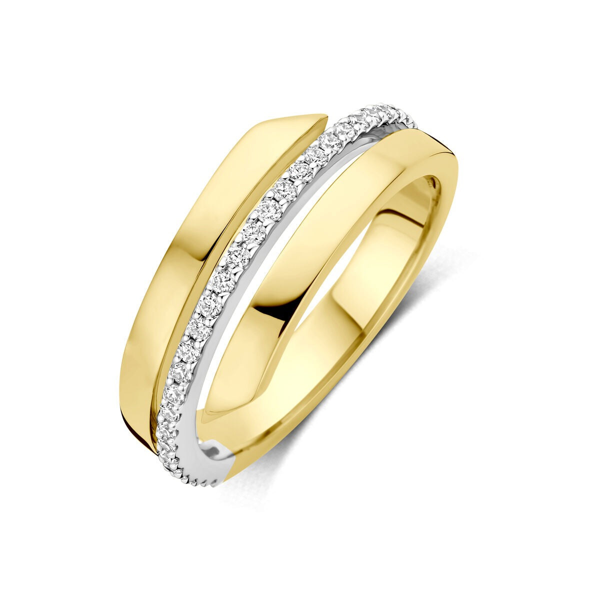 Bicolor gouden ring van 14k met een glanzende gele band en een witte band bezet met diamanten van 0.21ct.