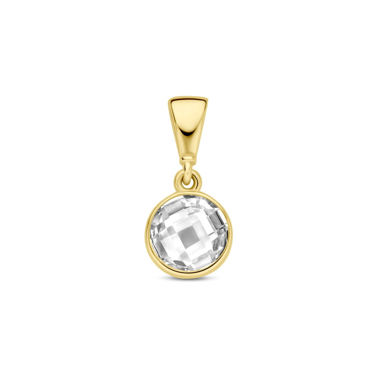 Geelgouden hanger met een ronde, heldere zirkonia in een geslepen zetting.