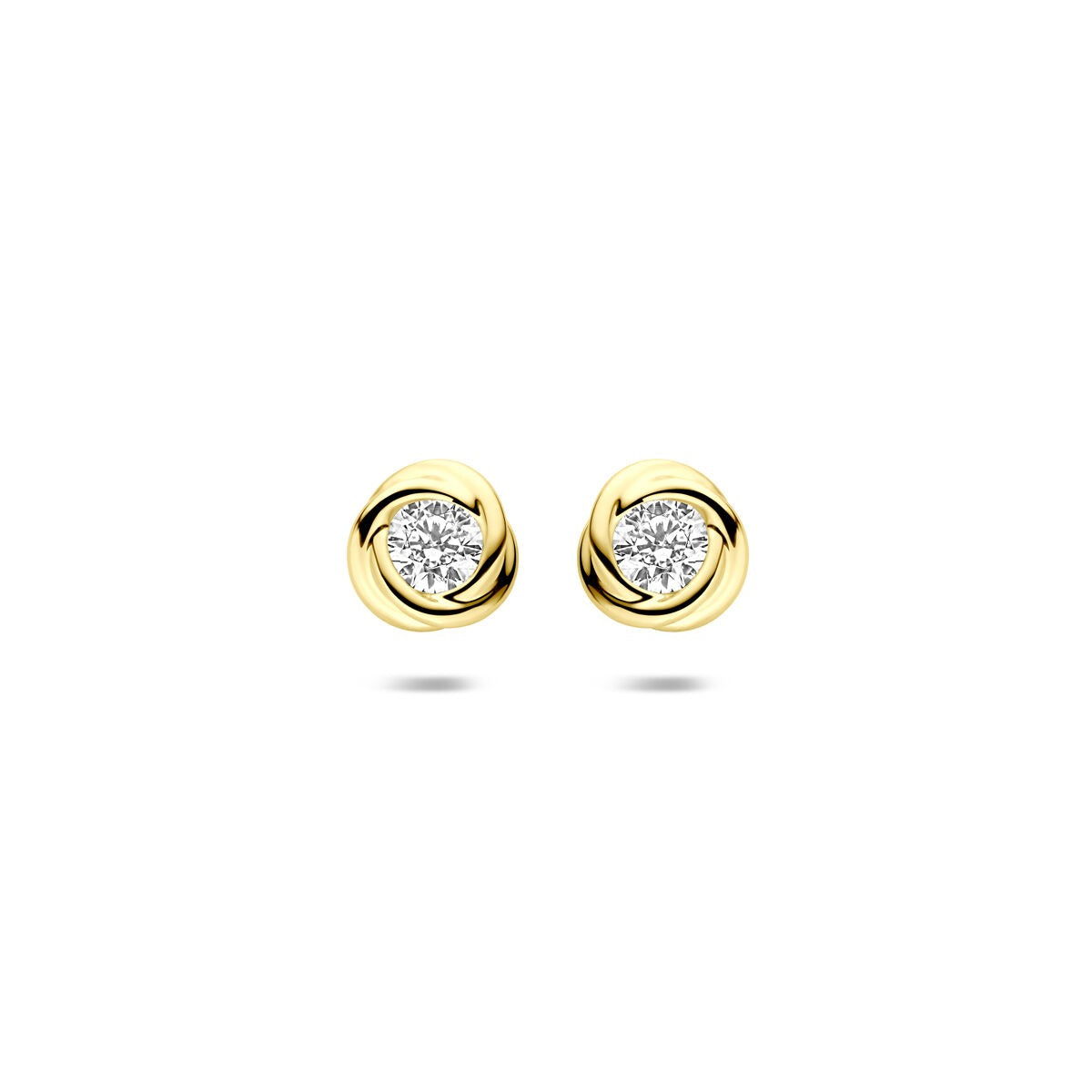 Gouden oorknopjes van 14k met zirkonia in solitaire zetting en een ronde, gladde afwerking.
