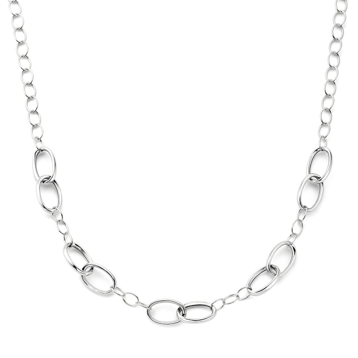 Zilveren collier met gerhodineerde afwerking en brede anker schakels van 11 mm, lengte 45 cm.