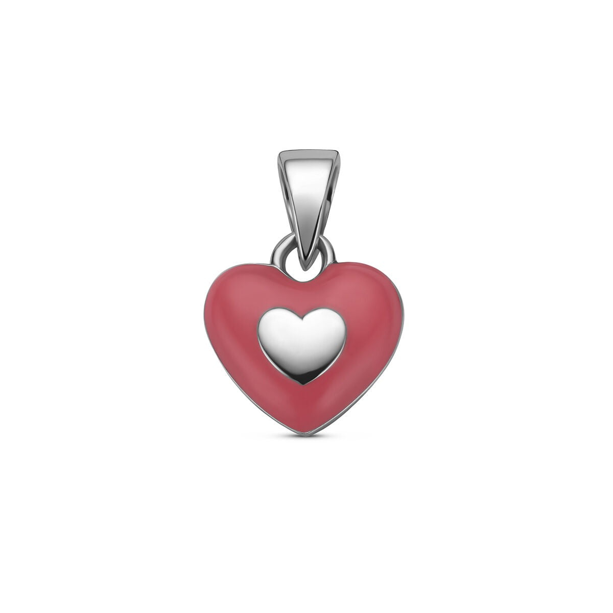 Gerhodineerde 925 zilveren hart hanger met een roze emaille afwerking en een klein hartje in het midden.