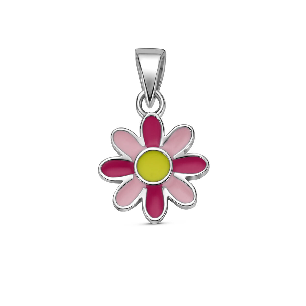 Gerhodineerde 925 zilveren bloemenhanger met roze en gele emaille, in de vorm van een bloem.
