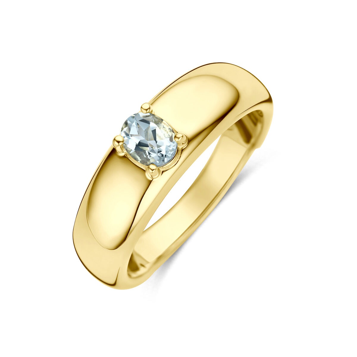 Geelgouden ring met een ovale aquamarijn, gladde afwerking en een moderne, brede band.