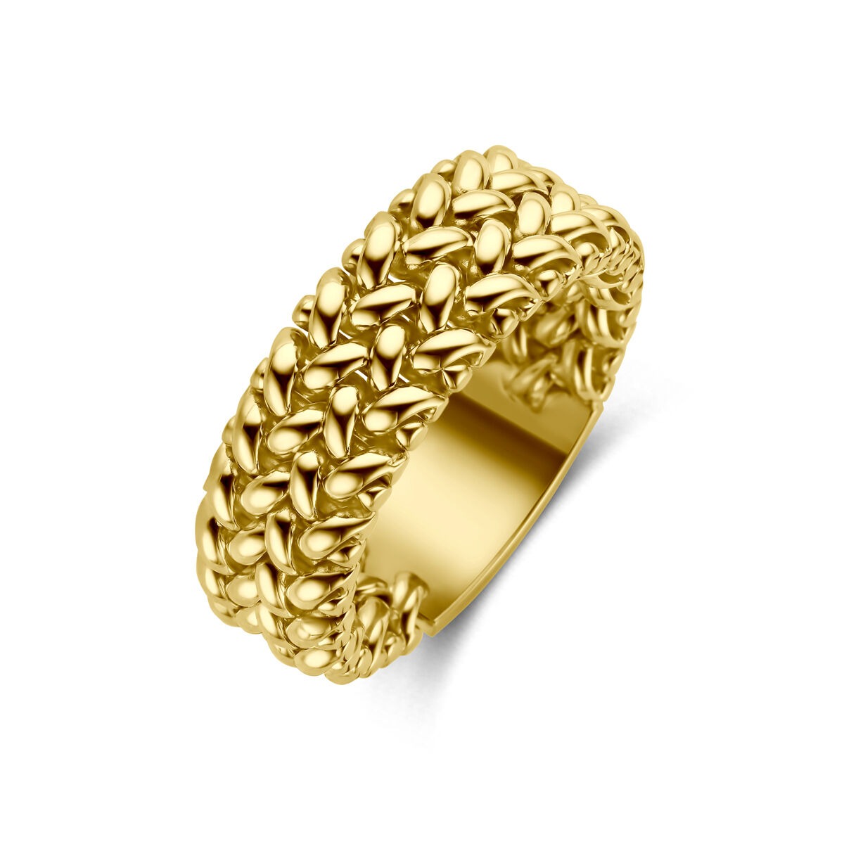 Geelgouden damesring met een gedetailleerd, reliëfachtig ontwerp en een brede band.