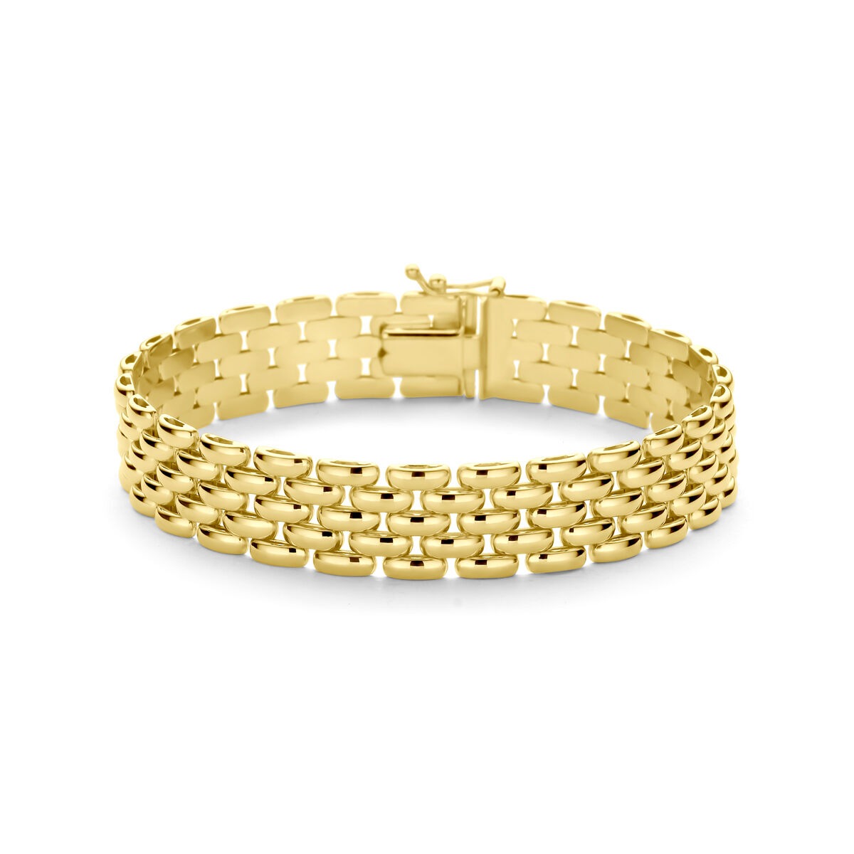 Geelgouden panter schakel armband met een stevige schakelstructuur en een glanzende afwerking.