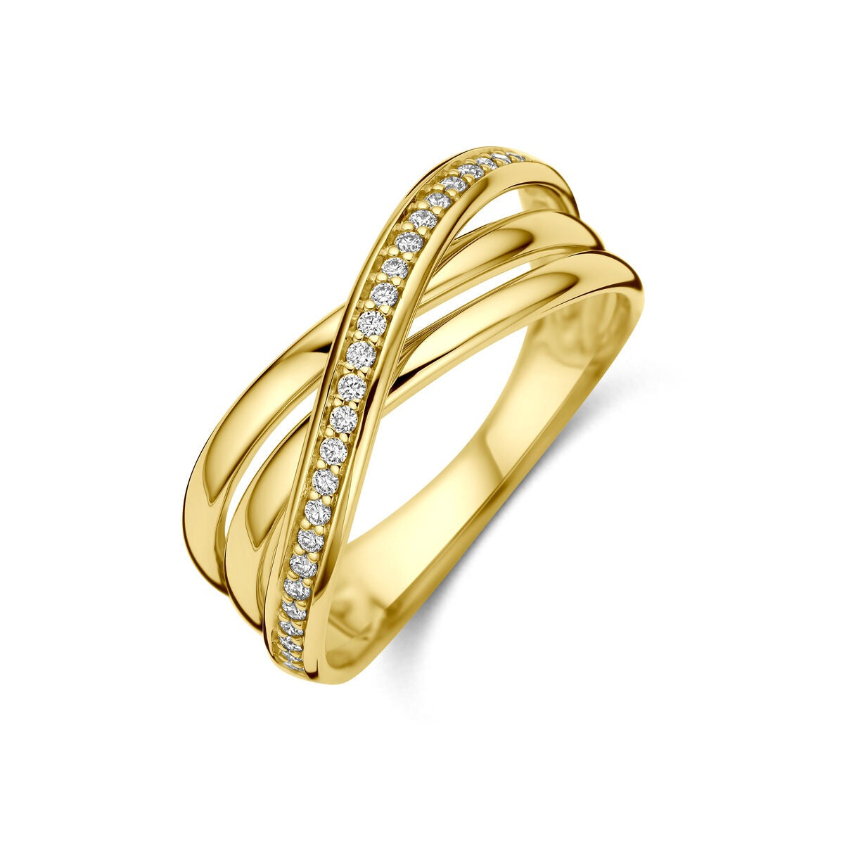 Geelgouden alliance ring met drie gedraaide banden en een rij van diamanten van 0,16 ct.