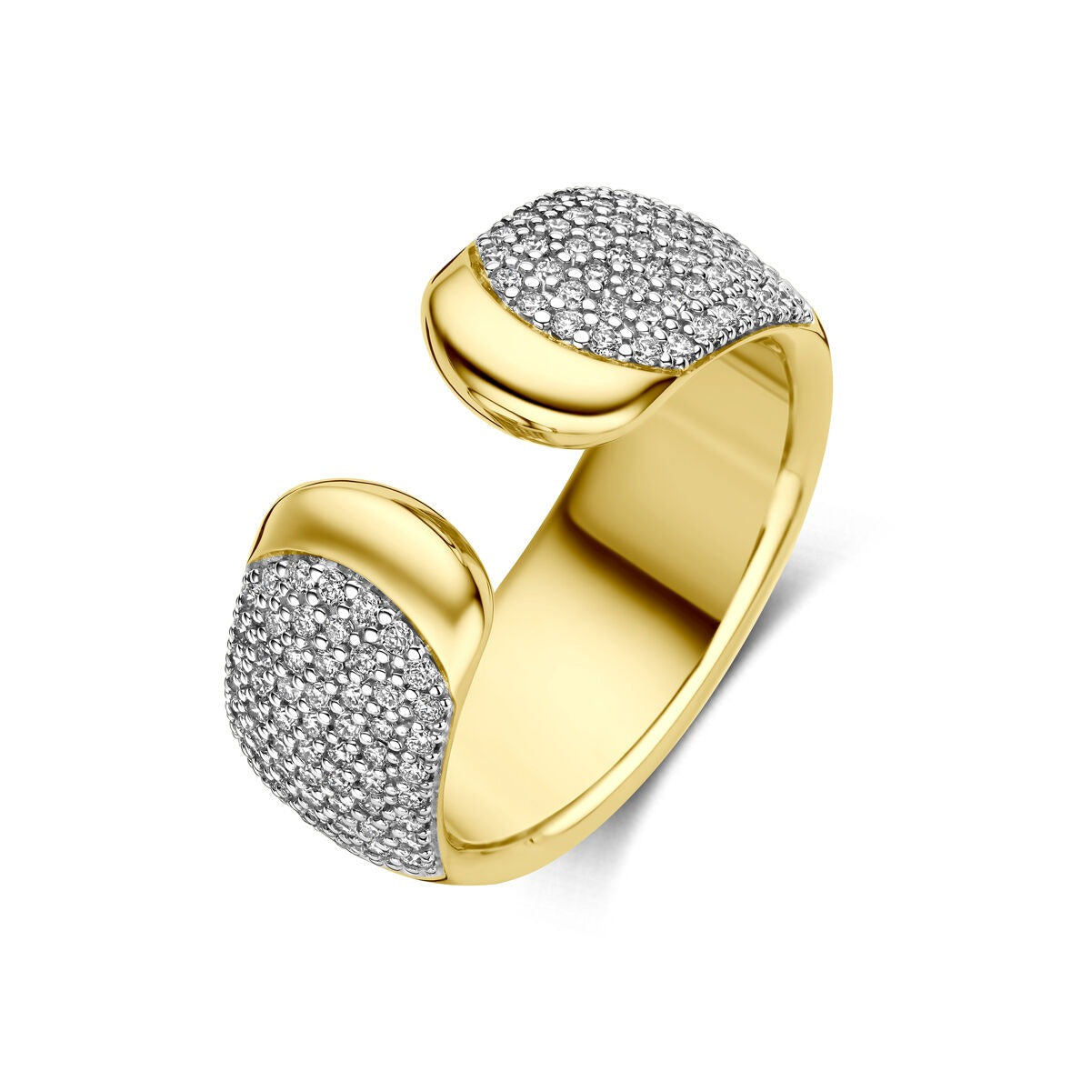 Geelgouden ring met een open ontwerp, versierd met sprankelende diamanten aan beide uiteinden.