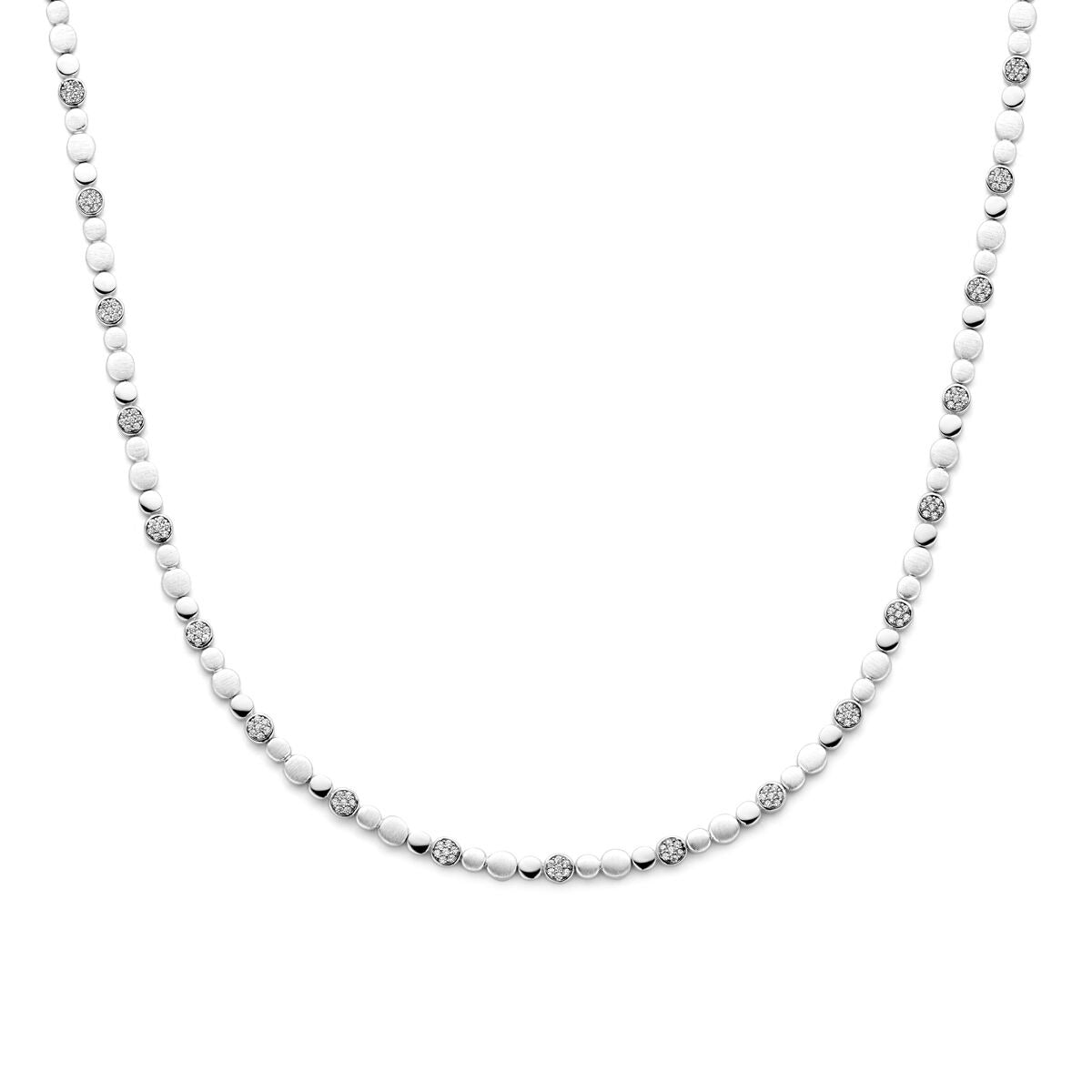 Zilveren damesketting van gerhodineerd 925 zilver met zirkonia, 5,1 mm breed en 45 cm lang.