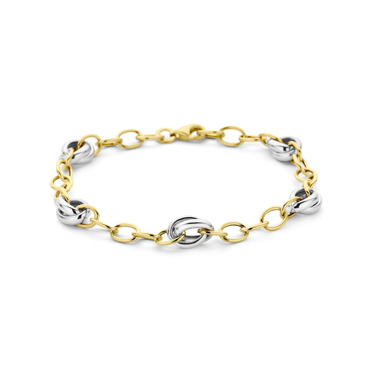 Bicolor gouden schakelarmband van 14k met een combinatie van gele en witte schakels.