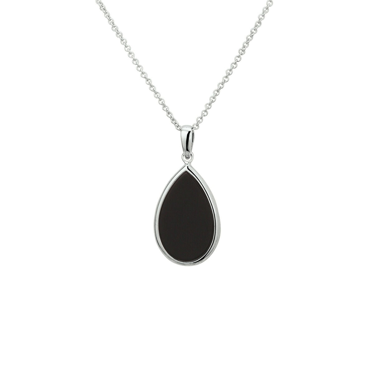 Zilveren ketting met druppelvormige onyx hanger in een gerhodineerde afwerking.