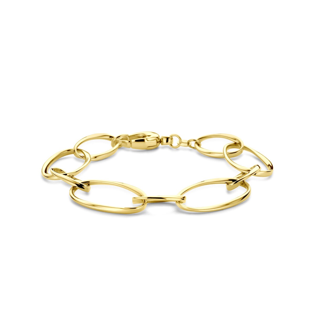 Gouden armband van 14k met ronde draadschakels, 15 mm breed en een sluiting.
