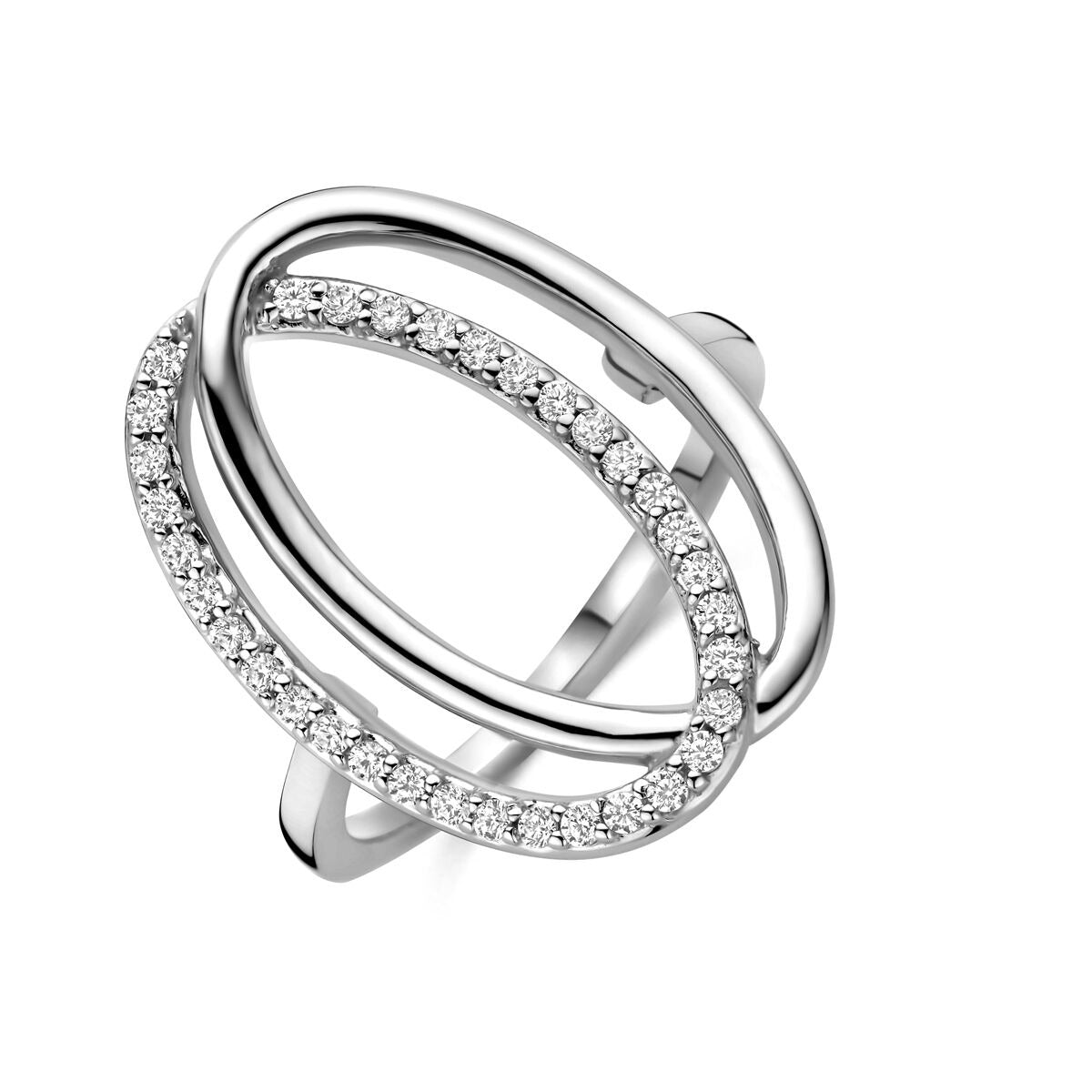 Zilveren ring met twee overlappende ovalen, versierd met zirkonia in een entourage zetting.