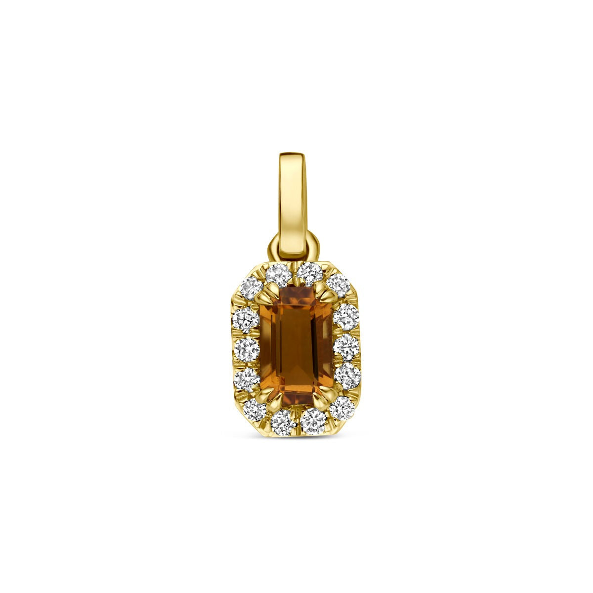 Geelgouden hanger met een rechthoekige citrien omringd door lab grown diamanten.