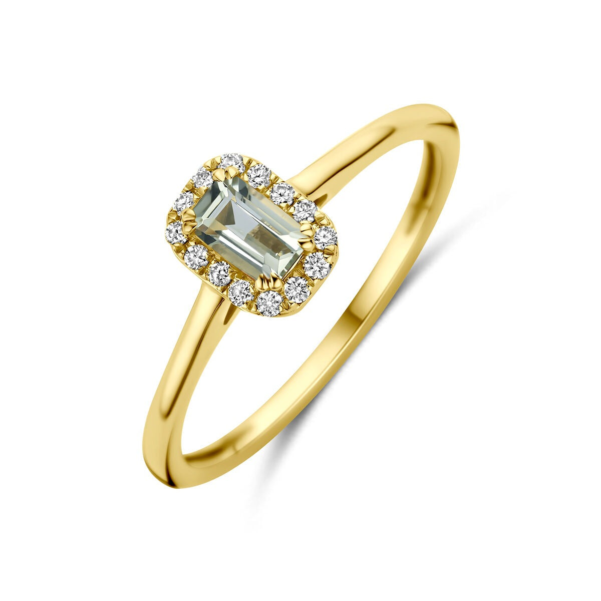 Geelgouden entourage ring met groene amethist in een rechthoekige zetting, omringd door lab grown diamanten.