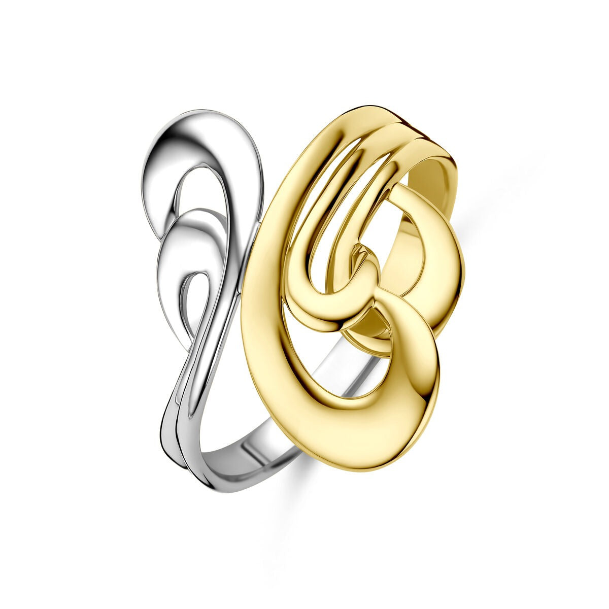 Bicolor gouden dames ring met een vloeiende, moderne vormgeving en een combinatie van wit en geel goud.