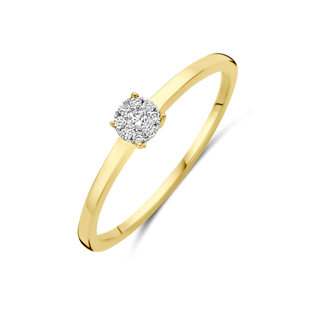 Bicolor gouden ring met een ronde diamant van 0.06ct in een vierdelige zetting.