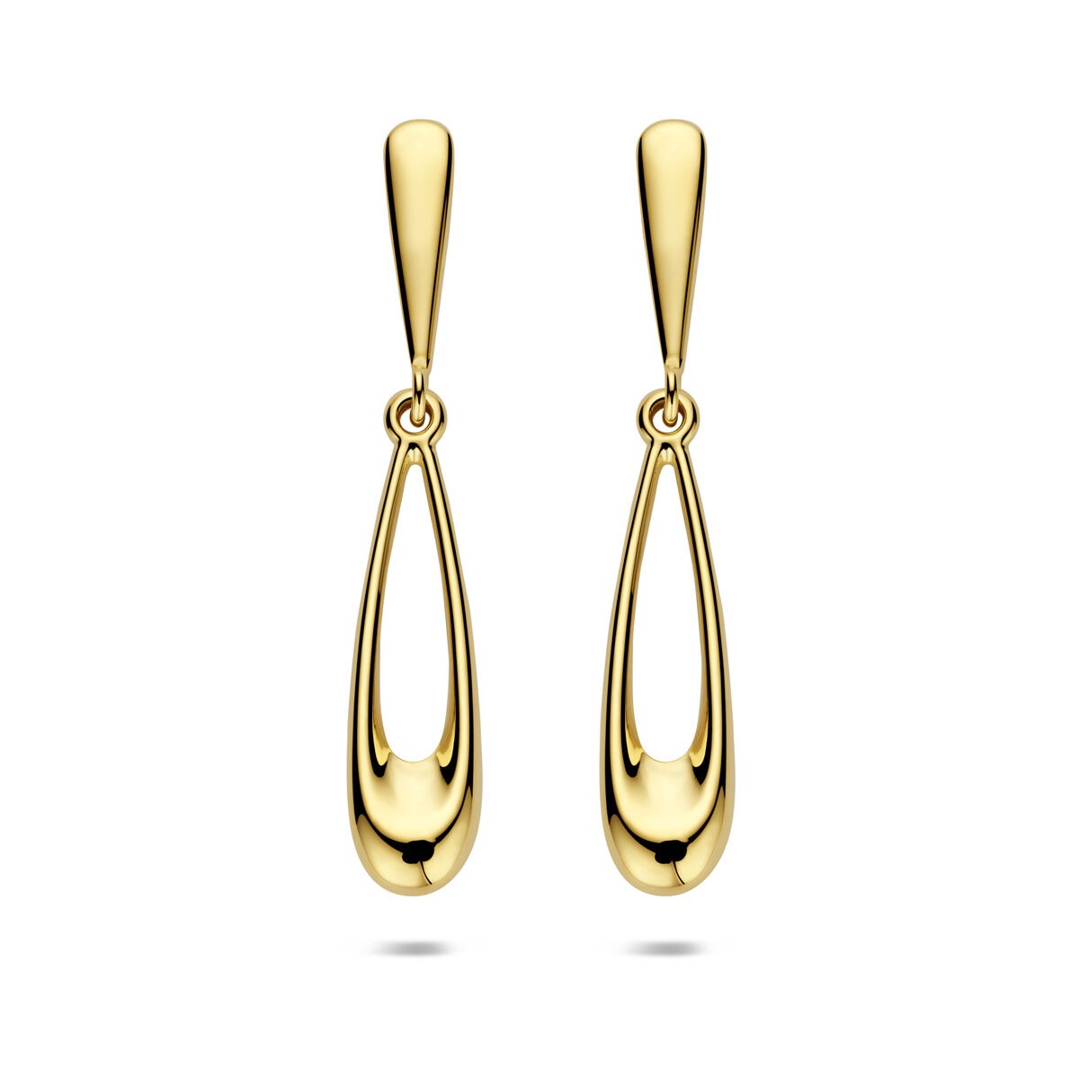 Geelgouden oorhangers met een elegante druppelvorm en glanzende afwerking.