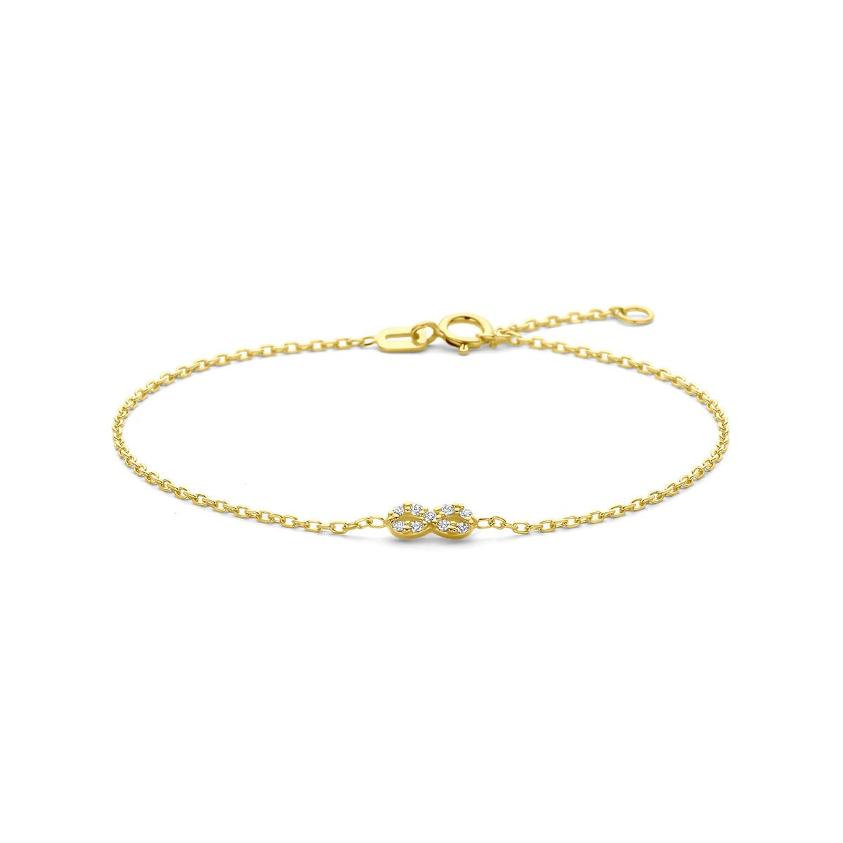 Geelgouden infinity armband met zirkonia, fijn schakeltje en een glanzend, symmetrisch infinity-teken.