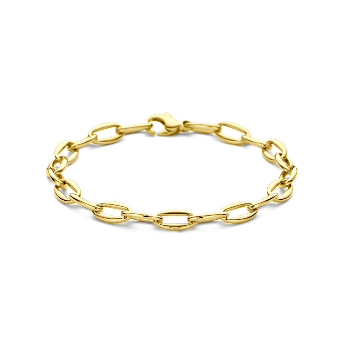 Geelgouden anker schakel armband met een klassieke schakelstructuur en een karabijnsluiting.