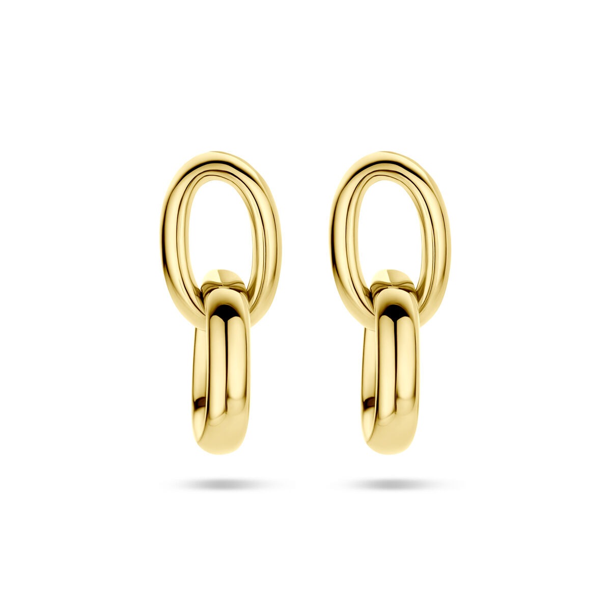 Gouden oorhangers van 14k geelgoud met een moderne, dubbele ovale vorm van 24 mm.