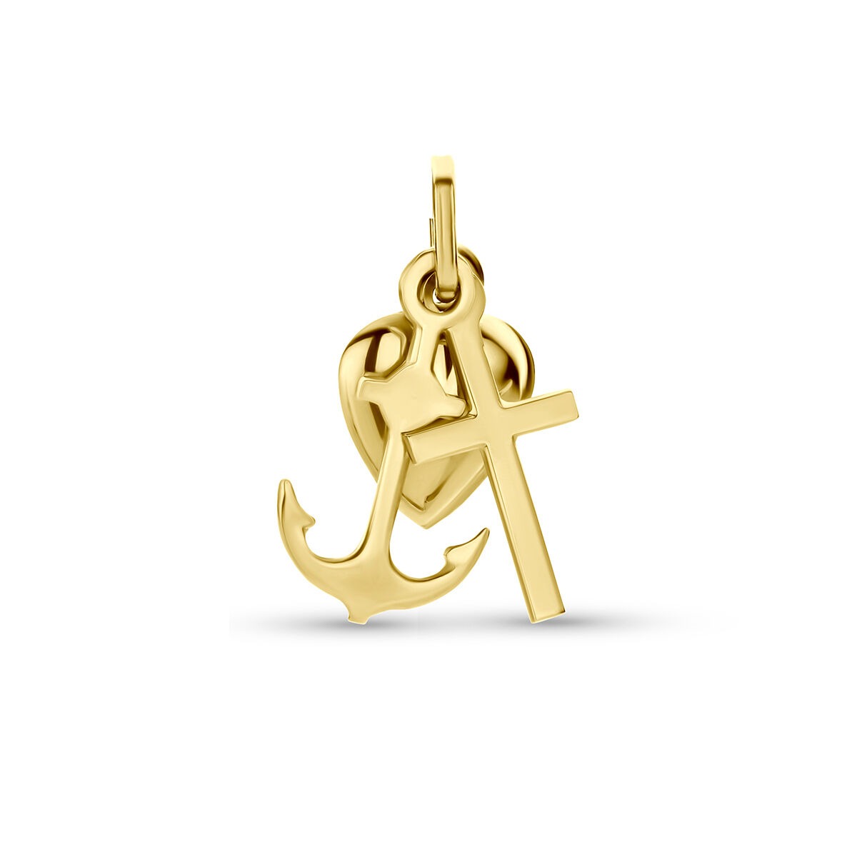 Geelgouden hanger met een hart, anker en kruis, vervaardigd uit 9k goud.