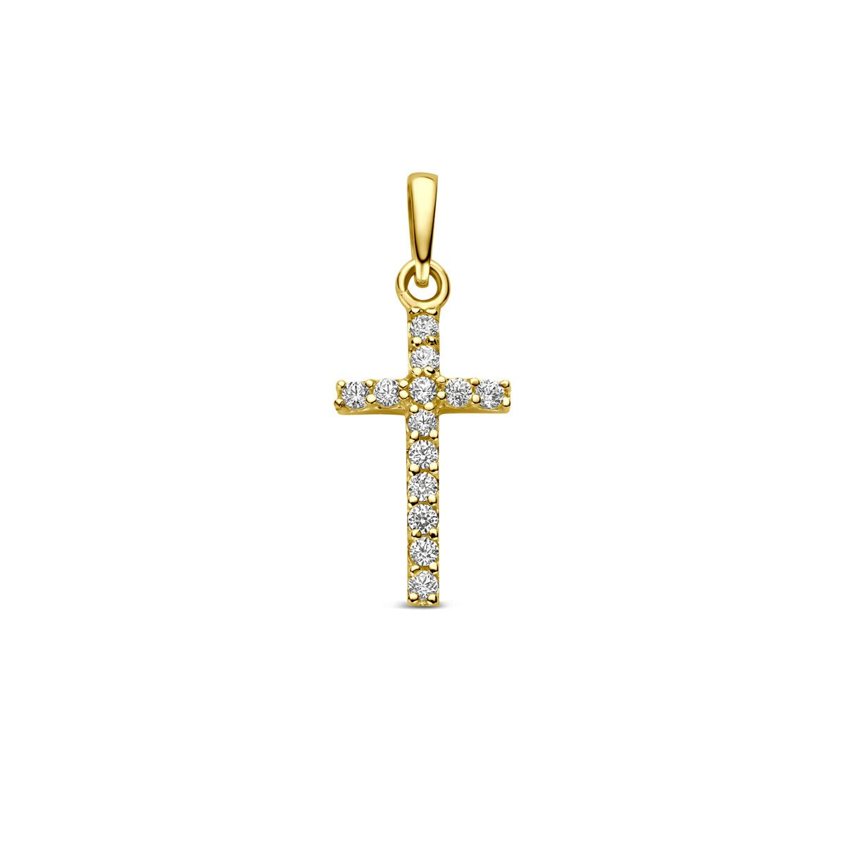 Gouden kruis hanger bezet met heldere steentjes.