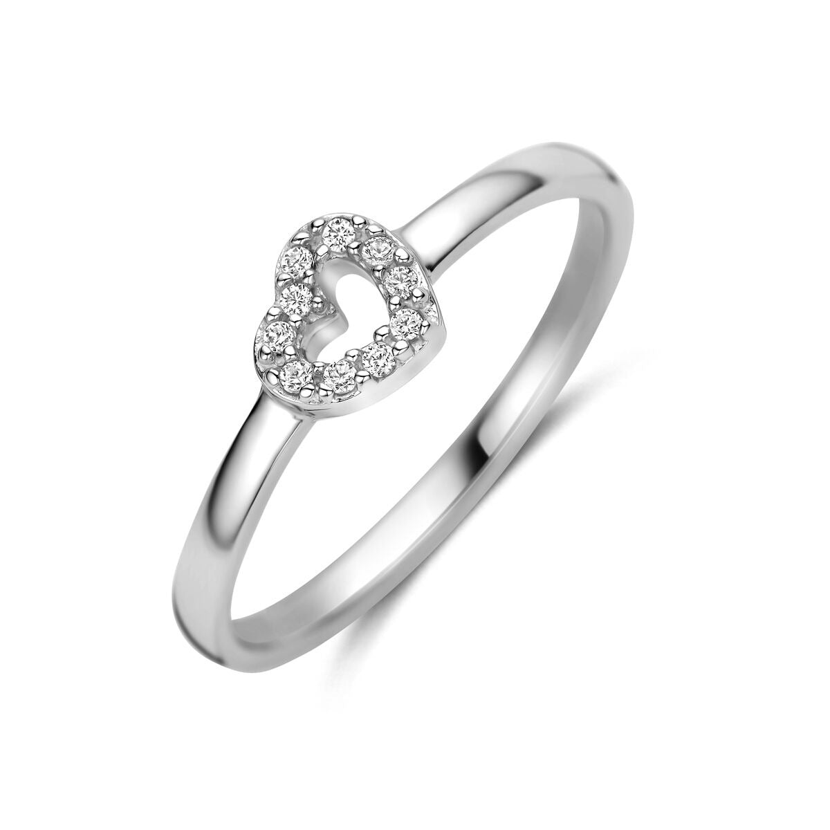 Gerhodineerde 925 zilveren ring met een hartvormige zirkonia-setting en een glanzende afwerking.