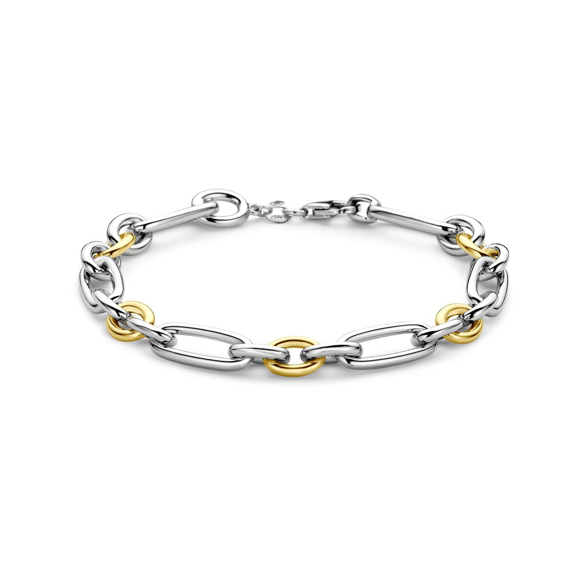 Geelgouden en zilveren anker armband met schakels en ronde details.