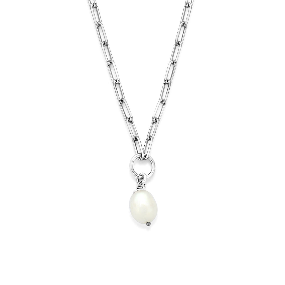 Gerhodineerd 925 zilveren collier met een enkele zoetwaterparel aan een schakelketting.